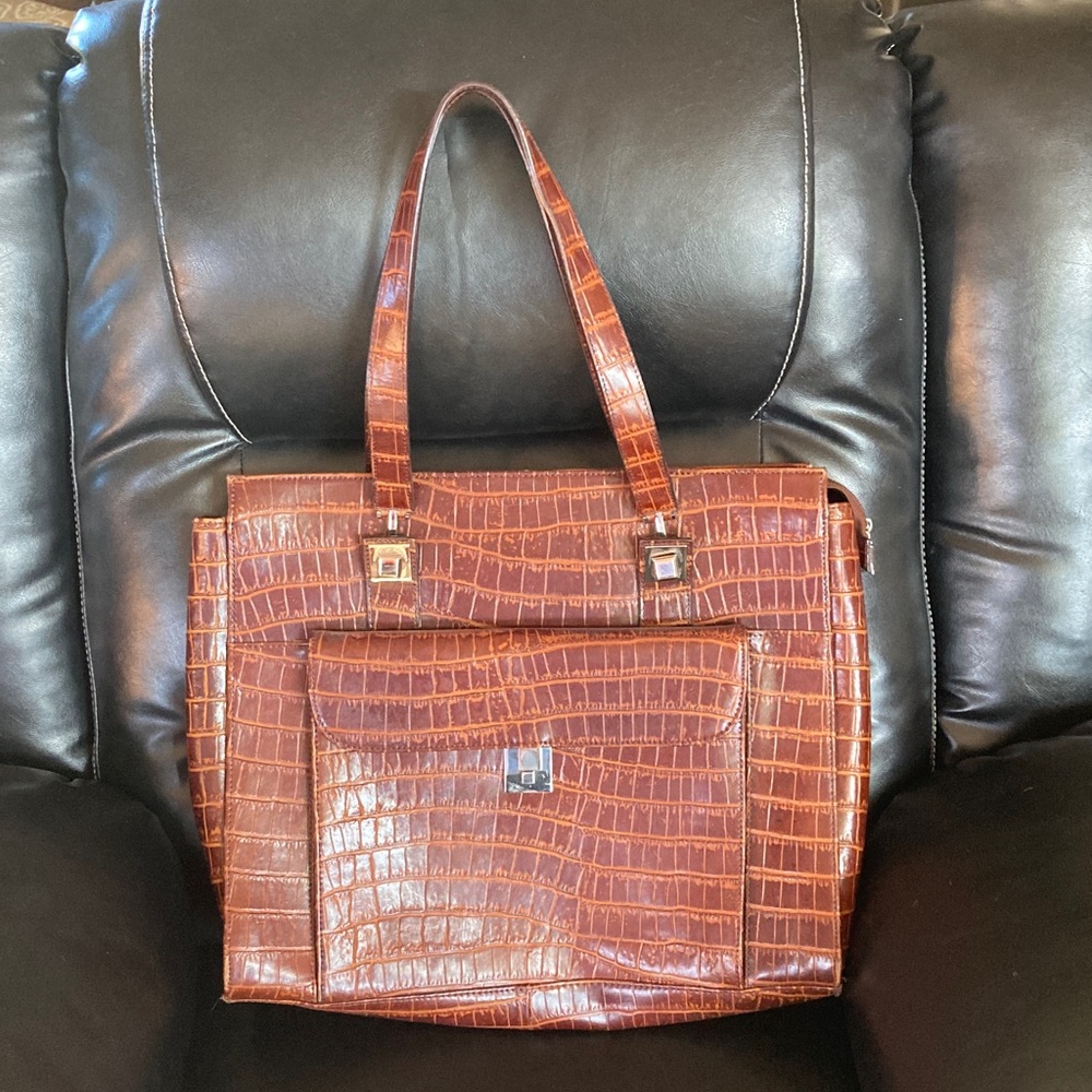Faux Croc-Embossed Brown Tote Handbag